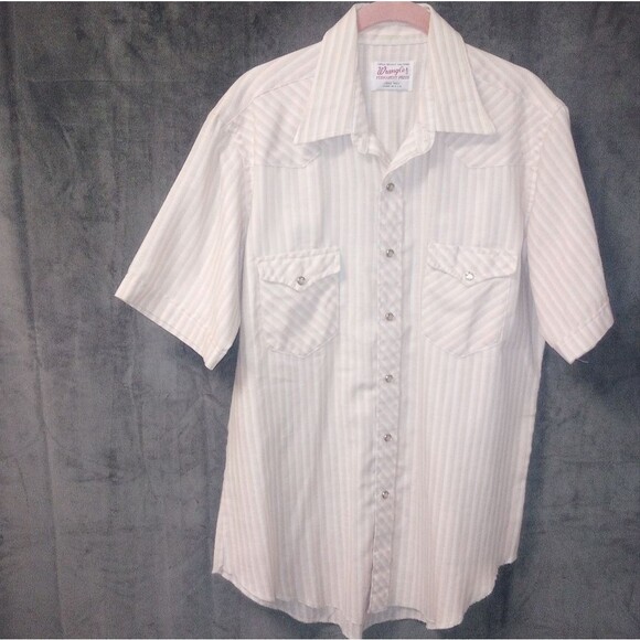 Wrangler Other - Vintage 70s Wrangler Peach Cream Stripe Pearl Snap Short Sleeve Shirt Size XL
